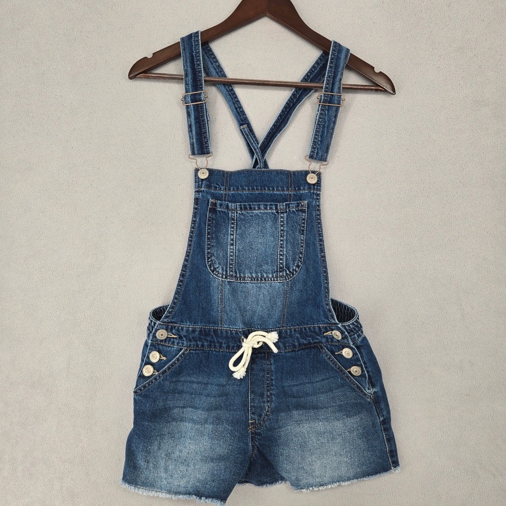 Wallflower Womens Medium Blue Denim Shortalls Drawstring Frayed Hem Western
